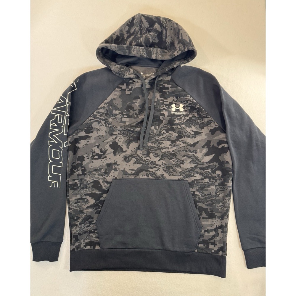 Under Armour Mens Hoodie Large Black Gray Digital Camo Colorblock Casual Outdoor